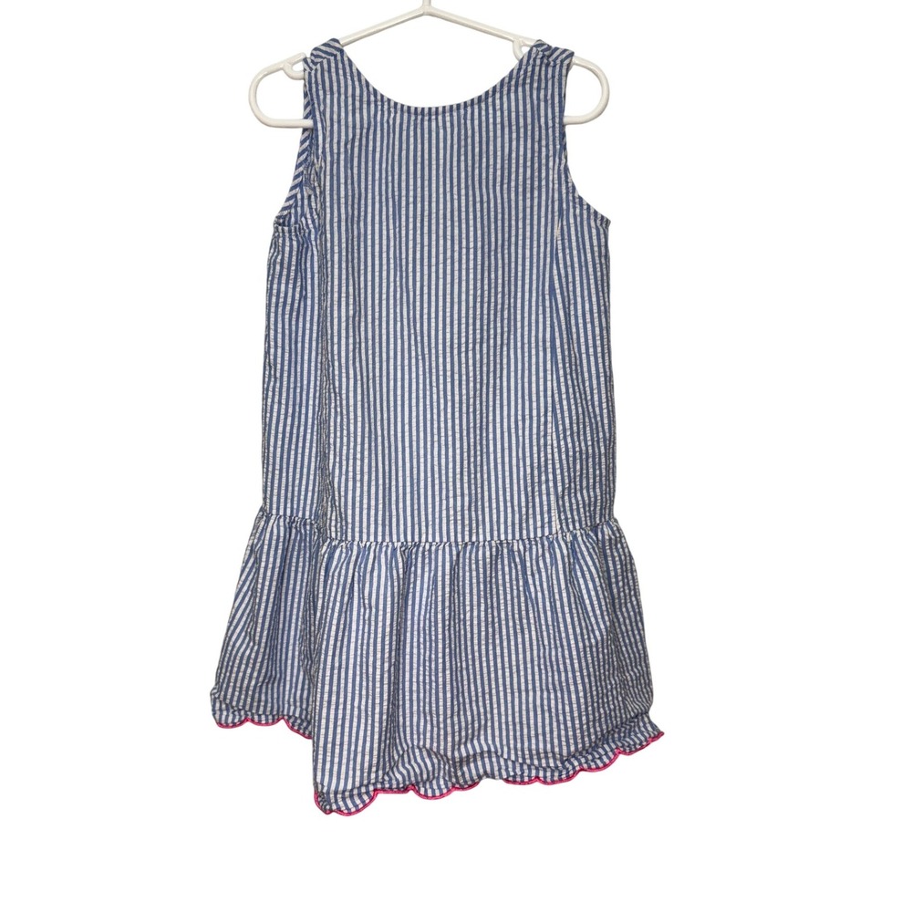 Crewcuts Girls Blue White Striped Seersucker Drop Waist Dress Pink Scallop 6‎